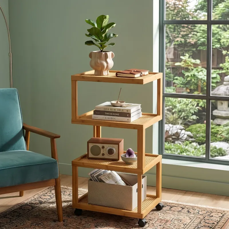 4 Tier Bamboo Rolling Storage Trolley With Rattan Shelves