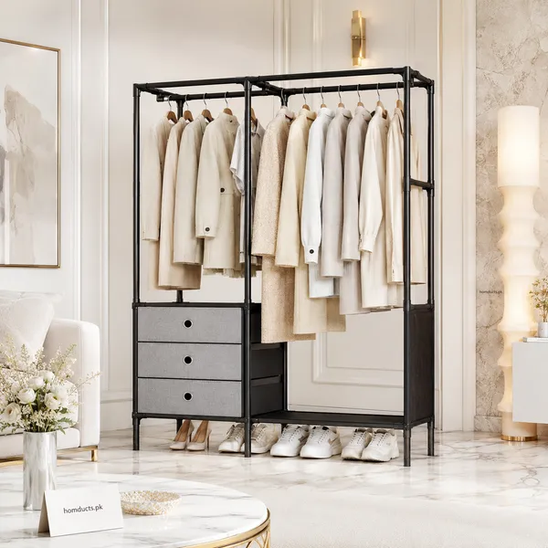 Double Rod Heavy-Duty Clothes Rack with Fabric Drawers & Shoe Storage | Multi-Functional Metal Garment Organizer